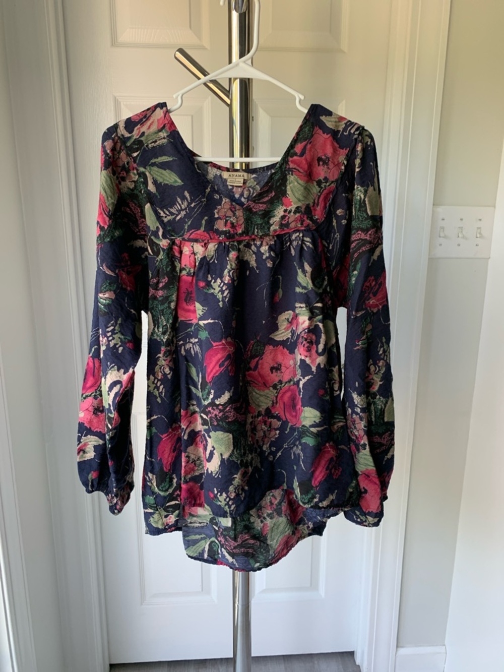 Anama Navy Floral Peasant Blouse with Floral Design, Size L.